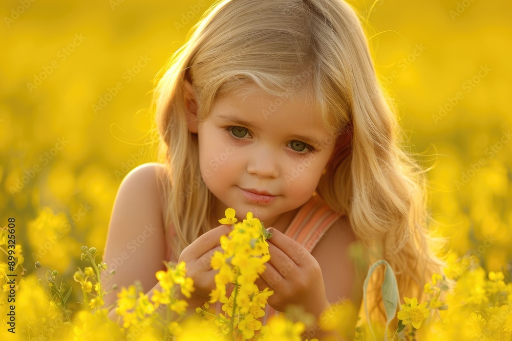 girl in a yellow flower field picking flowers at sunset in summer girl in a yellow flower field picking flowers at sunset in summer