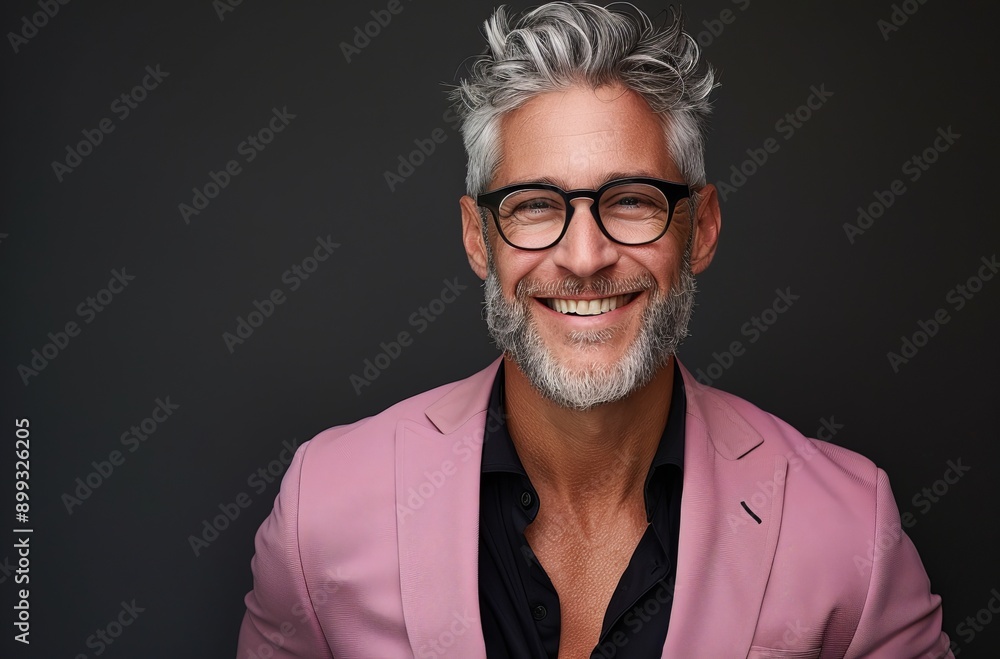 Smiling Middle-Aged Man in Pink Blazer Against Dark Background Smiling Middle-Aged Man in Pink Blazer Against Dark Background