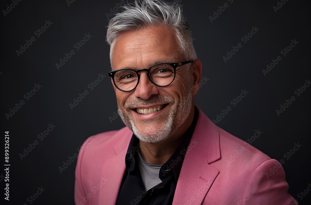 Happy Older Man in Pink Blazer Smiling Against Dark Background Happy Older Man in Pink Blazer Smiling Against Dark Background
