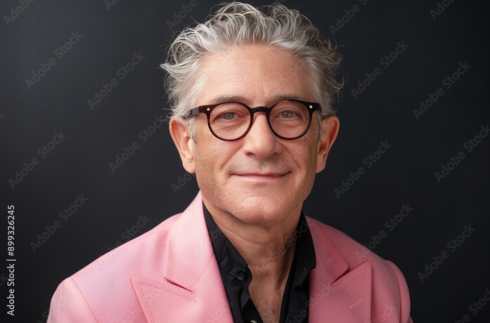 Professional Portrait of an Older Man in Pink Suit Against Dark Background Professional Portrait of an Older Man in Pink Suit Against Dark Background