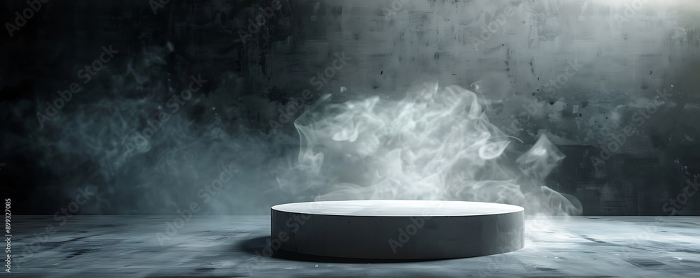 A circular smoke podium illuminated by a bright white and grey spotlight set against a dark, smoky background A circular smoke podium illuminated by a bright white and grey spotlight set against a dark, smoky background