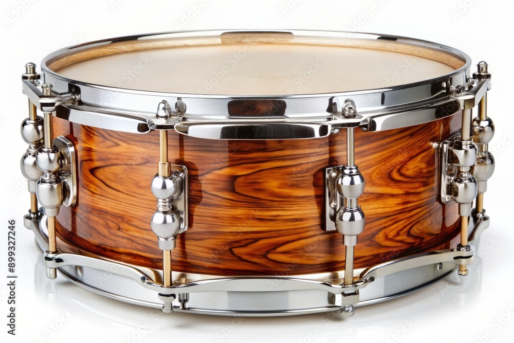 Obraz premium Isolated wooden snare drum with shiny metal hardware and vibrant wood grain patterns sits alone on a pristine white background, awaiting rhythmic expression.
