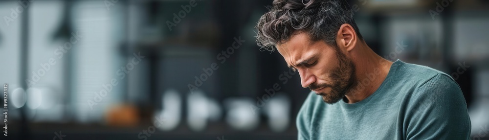 Man in a green sweater, sitting indoors, deep in thought with a serious expression, focusing on something off-camera. Man in a green sweater, sitting indoors, deep in thought with a serious expression, focusing on something off-camera.