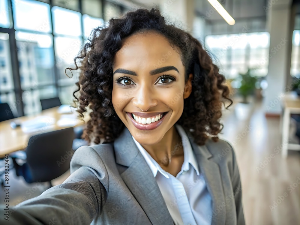 Smiling Businesswoman in a Gray Suit Taking a Selfie. Smiling Businesswoman in a Gray Suit Taking a Selfie.