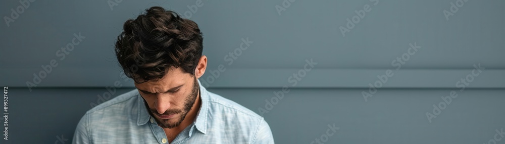 Fototapeta premium Man looking down, standing in front of a blue wall, appearing contemplative and thoughtful.