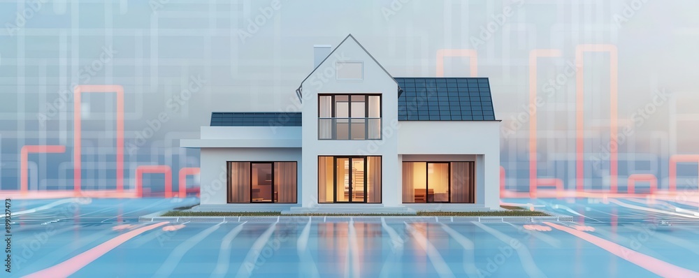 A modern house model on a digital circuit background, highlighting the intersection of real estate and technology. A modern house model on a digital circuit background, highlighting the intersection of real estate and technology.