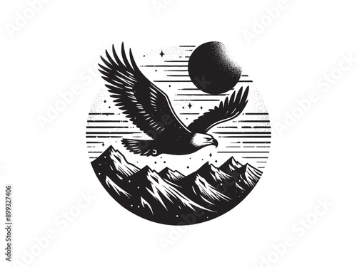 Bald eagle flying over the mountains. Black white engraving emblem, print