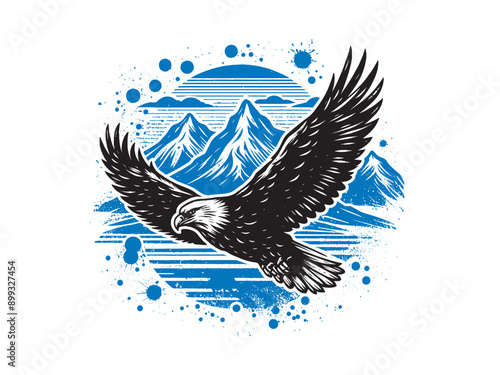 Bald eagle flying over the mountains. Black white blue engraving emblem, print