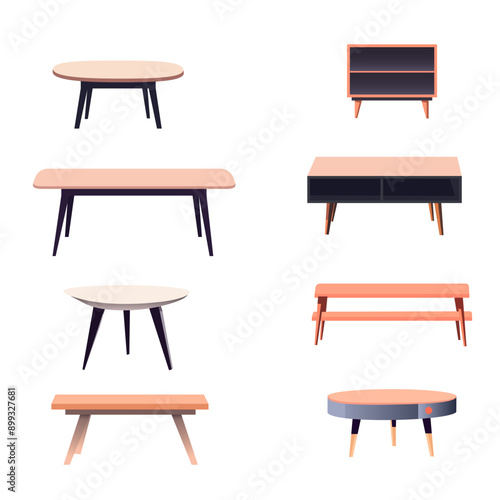 A set of six interior tables of different shapes.