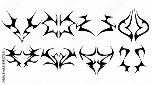 collection of y2k tribal shapes with a stiff touch. Set of Symmetrical Tribal Pattern Cyber ​​Gothic Elements in Abstract White black Print for t-shirt, hoodie and sweatshirt or card, poster
