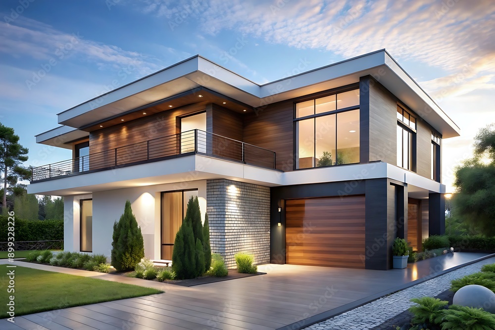 Modern House with a Wooden Garage Door. Modern House with a Wooden Garage Door.