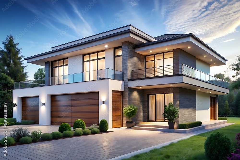Modern Luxury Home Exterior with Beautiful Landscaping. Modern Luxury Home Exterior with Beautiful Landscaping.