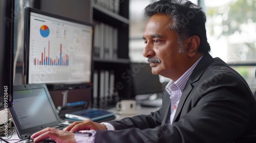Mature Indian or Latin business man ceo trader using computer, typing, working in modern office, doing online data market analysis, thinking planning tech strategy looking at laptop, Generative AI photo