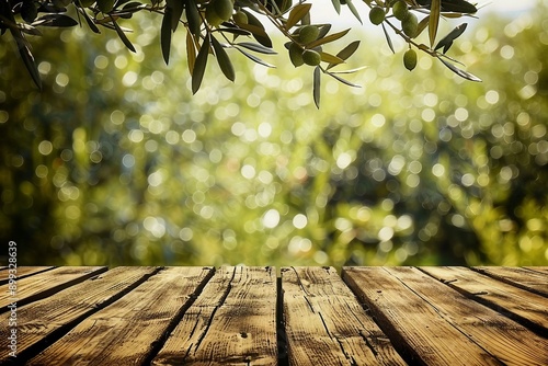 Old wooden table for product display with natural green olive field bokeh background. Natural vintage tabletop persepective and blur olive tree layout design. photo