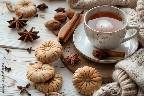 Cozy Autumn Tea and Cookies with Spices on a Wooden Table - Perfect for Warmth and Comfort