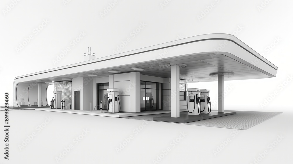 A sleek, modern fuel dispensing complex showcased in black and white, emphasizing refined design suitable for promotional purposes. Generative AI A sleek, modern fuel dispensing complex showcased in black and white, emphasizing refined design suitable for promotional purposes. Generative AI