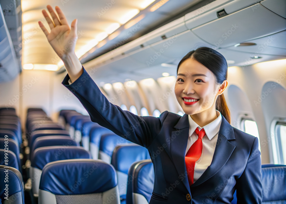Friendly Asian flight attendant's hand giving high five, surrounded by empty airplane cabin seats, capturing warmth and happiness of in-flight service moment. Friendly Asian flight attendant's hand giving high five, surrounded by empty airplane cabin seats, capturing warmth and happiness of in-flight service moment.