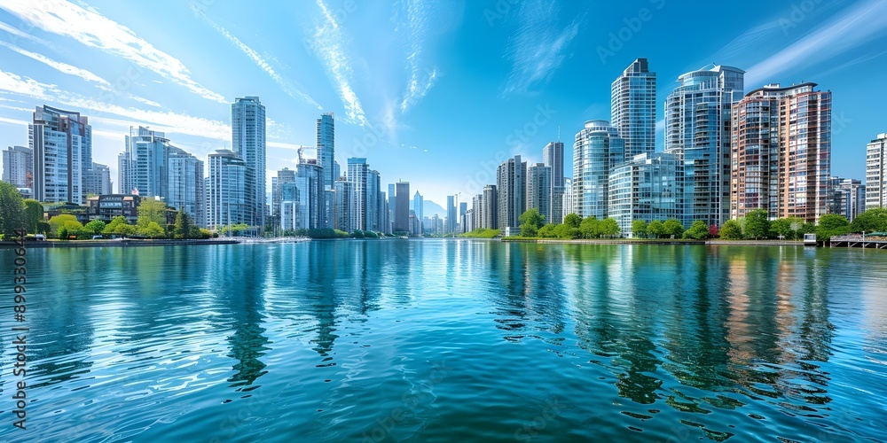Fototapeta premium Vibrant Cityscape with Bustling Waterfront Urban Skyline and Towering Skyscrapers