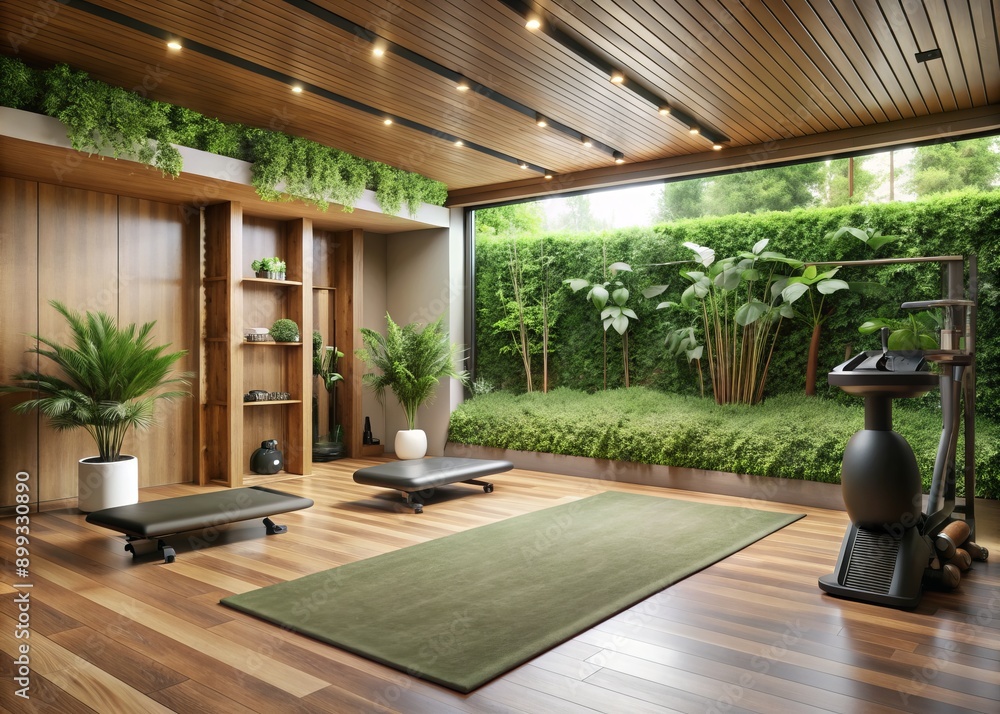 Earthy brown rubber mats harmoniously blend with natural wood elements and lush greenery in a serene basement home gym, evoking a sense of calm and balance. Earthy brown rubber mats harmoniously blend with natural wood elements and lush greenery in a serene basement home gym, evoking a sense of calm and balance.
