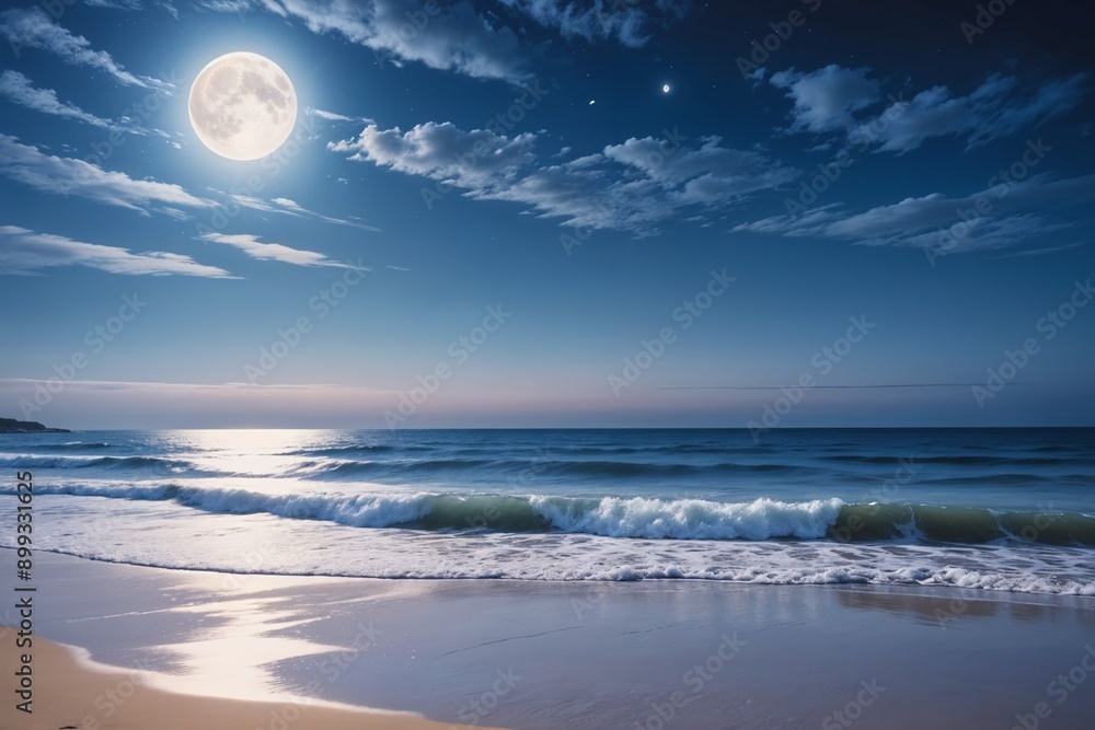A calm, moonlit ocean scene with gentle waves and a starry night sky, ideal for peaceful and tranquil themes. A calm, moonlit ocean scene with gentle waves and a starry night sky, ideal for peaceful and tranquil themes.