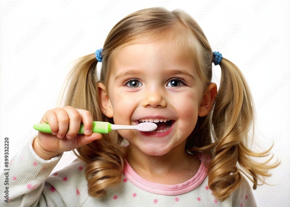A young girl is brushing his teeth with a green toothbrush A young girl is brushing his teeth with a green toothbrush