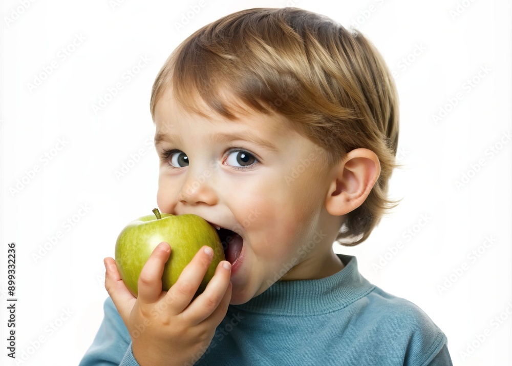 A young boy is eating a green apple A young boy is eating a green apple