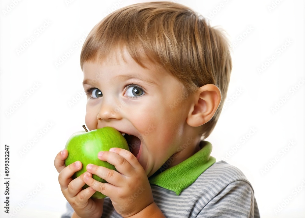 A young boy is eating a green apple A young boy is eating a green apple