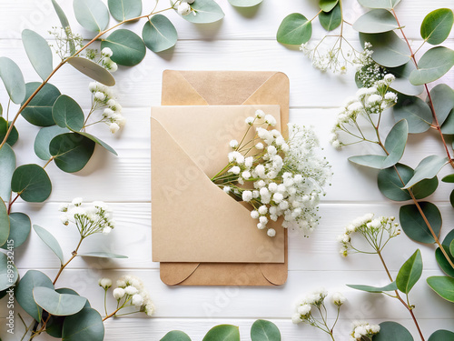 Rustic elegance abounds in this beautiful wedding invitation or greeting card mockup adorned with fresh natural eucalyptus and airy gypsophila flowers on a soft white background. photo