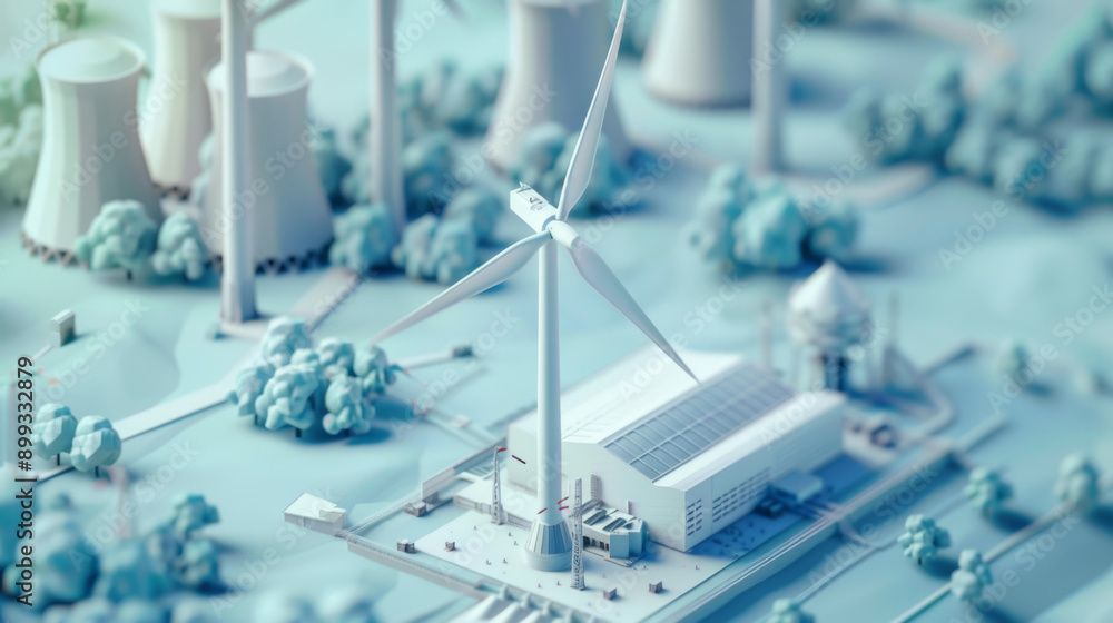 wind turbine, power station, isometric diarama, 3d render style, white color, modern electricity industry