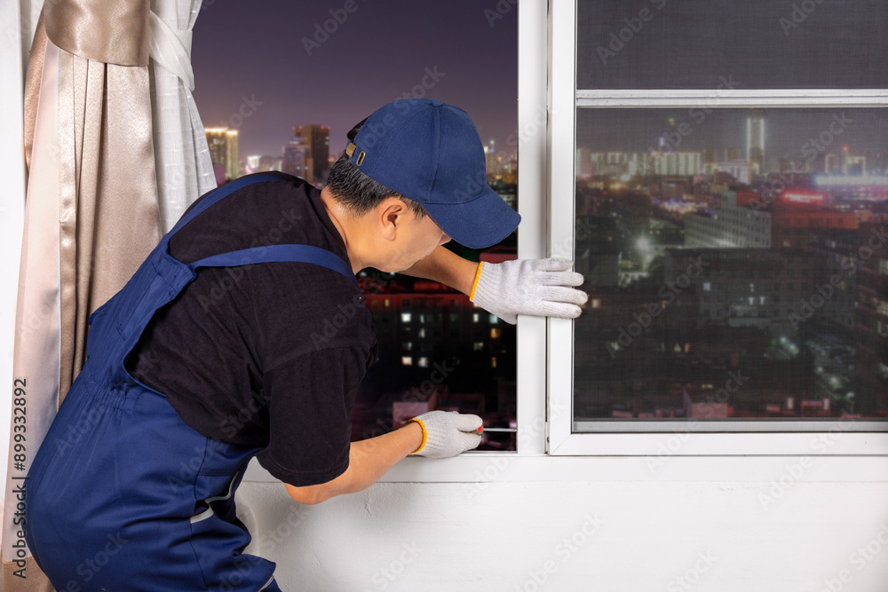 Worker replace aluminium sliding window lock. Worker replace aluminium sliding window lock.