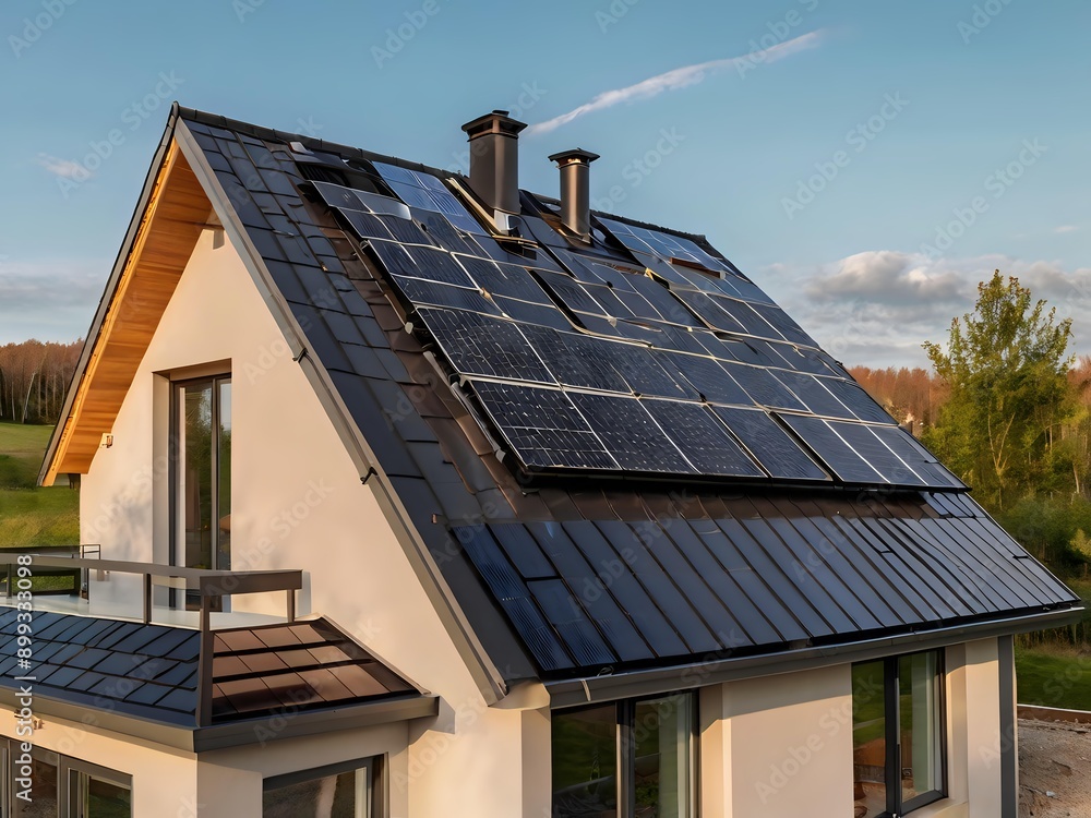 Fototapeta premium Close-up of a new suburban house with a photovoltaic system on the roof. Simple and modern environmentally friendly house with solar panels on the gable roof, with sunlight during the day