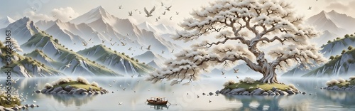 3D rendering landscape scene tree center is made up white peacef
