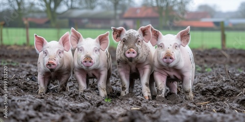 Happy farmyard pigs rolling in mud