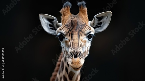 A close-up portrait of a giraffe with gentle eyes.