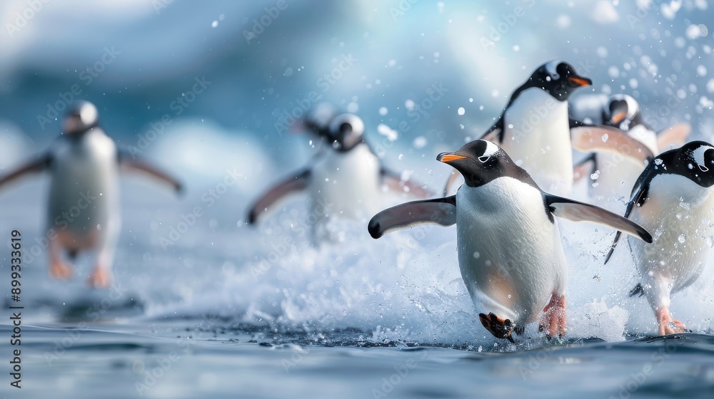 Fototapeta premium Adélie penguins slide down a snowy slope into the ocean.