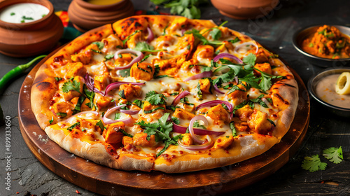 Traditional Indian style pizza, decorated with hot peppers, curry chicken, red onions