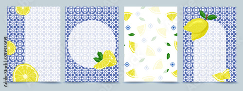 Lemon themed card set with blue floral tiles. Frames and background with copy space for text. Vector naive illustration of whole lemon, slice of lemon for background, card, invitation or poster a4.