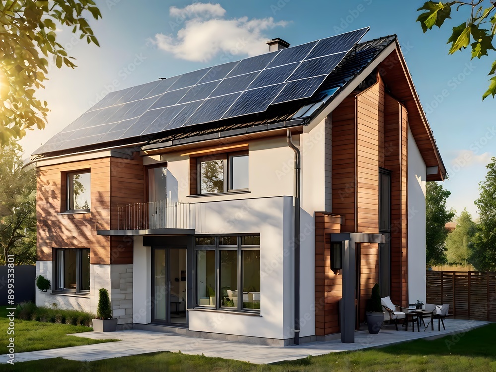 Close-up of a new suburban house with a photovoltaic system on the roof. Simple and modern environmentally friendly house with solar panels on the gable roof, with sunlight during the day Close-up of a new suburban house with a photovoltaic system on the roof. Simple and modern environmentally friendly house with solar panels on the gable roof, with sunlight during the day