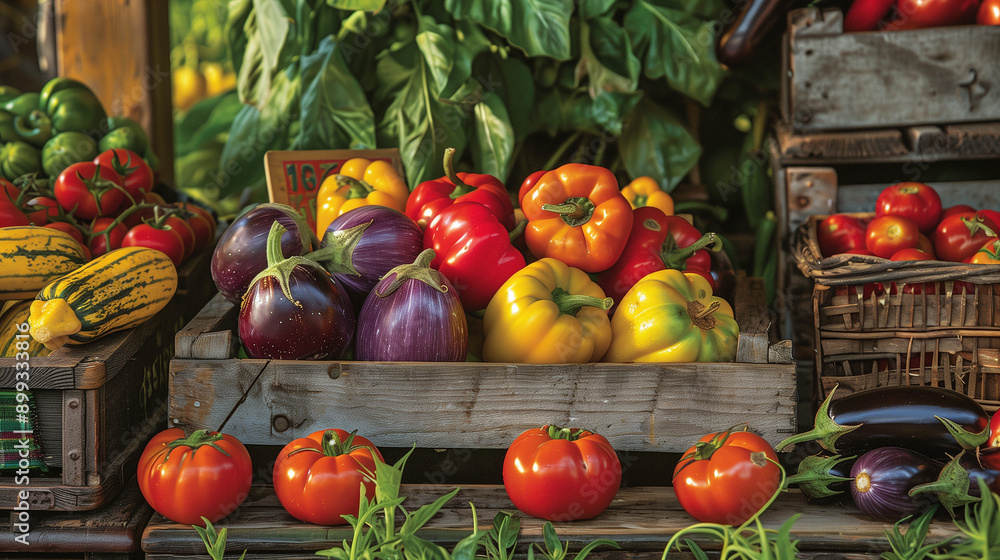 A bright exhibition of bright tomatoes of different colors and varieties, eggplants and peppers A bright exhibition of bright tomatoes of different colors and varieties, eggplants and peppers