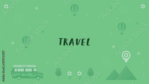 Travel background with trees, hot air balloons, a van, flowers, etc. Vector illustration.
