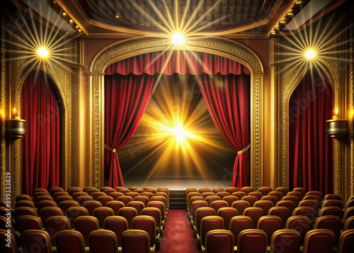 Golden cinematic curtains open to reveal a vast dark theater with comfy red seats, dramatic spotlights, and a giant screen displaying a movie title. photo