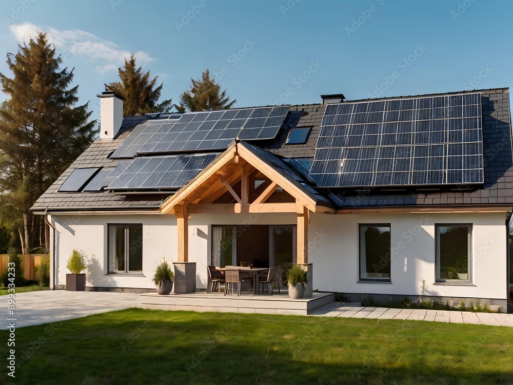 Close-up of a new suburban house with a photovoltaic system on the roof. Simple and modern environmentally friendly house with solar panels on the gable roof, with sunlight during the day Close-up of a new suburban house with a photovoltaic system on the roof. Simple and modern environmentally friendly house with solar panels on the gable roof, with sunlight during the day