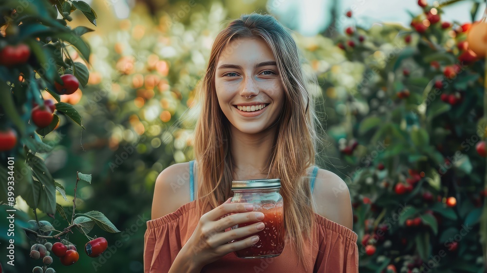 Woman with jam in a jar in the garden. Selective focus. Woman with jam in a jar in the garden. Selective focus.