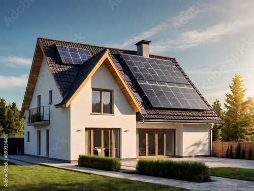 Close-up of a new suburban house with a photovoltaic system on the roof. Simple and modern environmentally friendly house with solar panels on the gable roof, with sunlight during the day