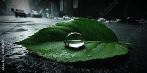 Detailed Close-Up of a Large Green Leaf with a Reflective Water Droplet on a Wet Urban Street: Moody Atmosphere with Dimly Lit Background and Scattered Debris photo