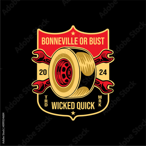 T-Shirt design wheel with cross wrench vintage vector illustration