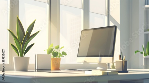 Wallpaper Mural Modern Minimalist Home Office Desk with Sunlight and Plants Torontodigital.ca