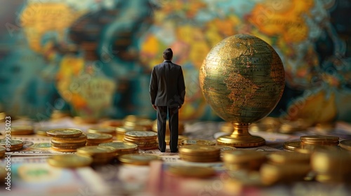 Businessman Standing on Currency with Globe in Background, Symbolizing Global Economy and Financial Markets