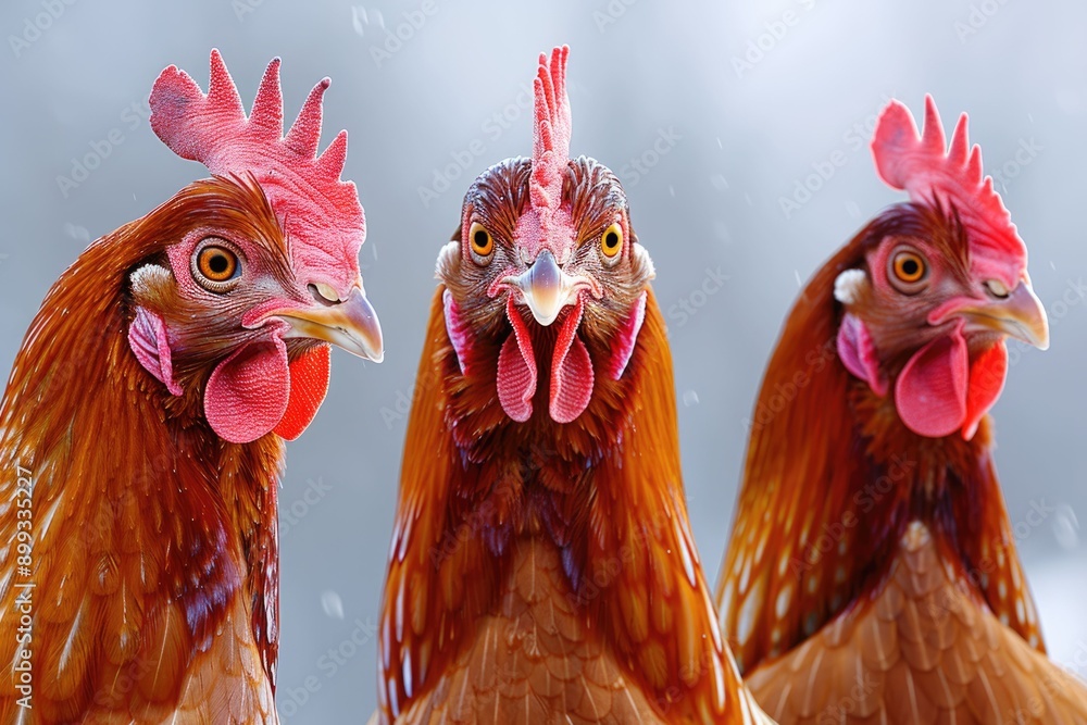 Fototapeta premium Free range keeping of rosters and hens outdoor on the bio farm