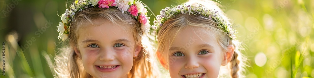 Fototapeta premium Two Children With Flower Crowns Smiling in a Sunlit Garden